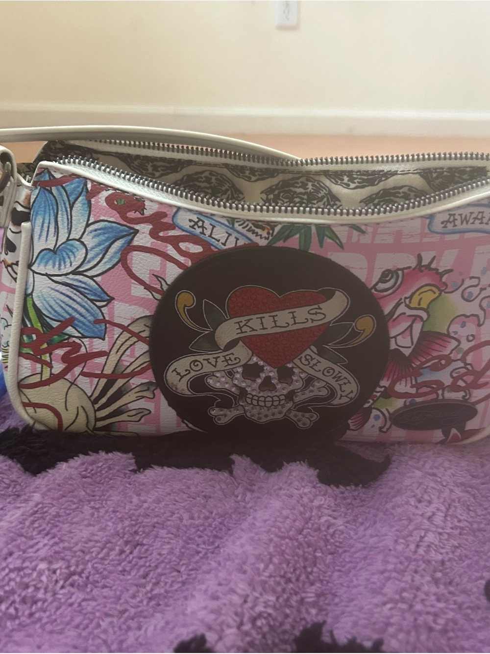 Ed Hardy Pink Tattoo-Print Wristlet with Heart & Skull Emblem